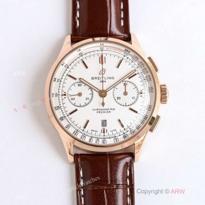 Swiss Grade 1 Breitling Premier Chronograph TW 7750 Rose Gold White Dial Watch 42mm